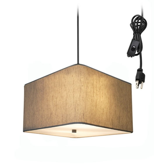 2 Light Swag Plug-In Pendant 16"w Rounded Corner Square Oatmeal Drum Shade with Diffuser, Black Cord