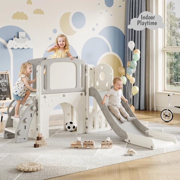 Memoryfield 8-in-1 Toddler Slide Playset, Climber Tunnel Hoop, Kids Indoor Outdoor Playground, Gray