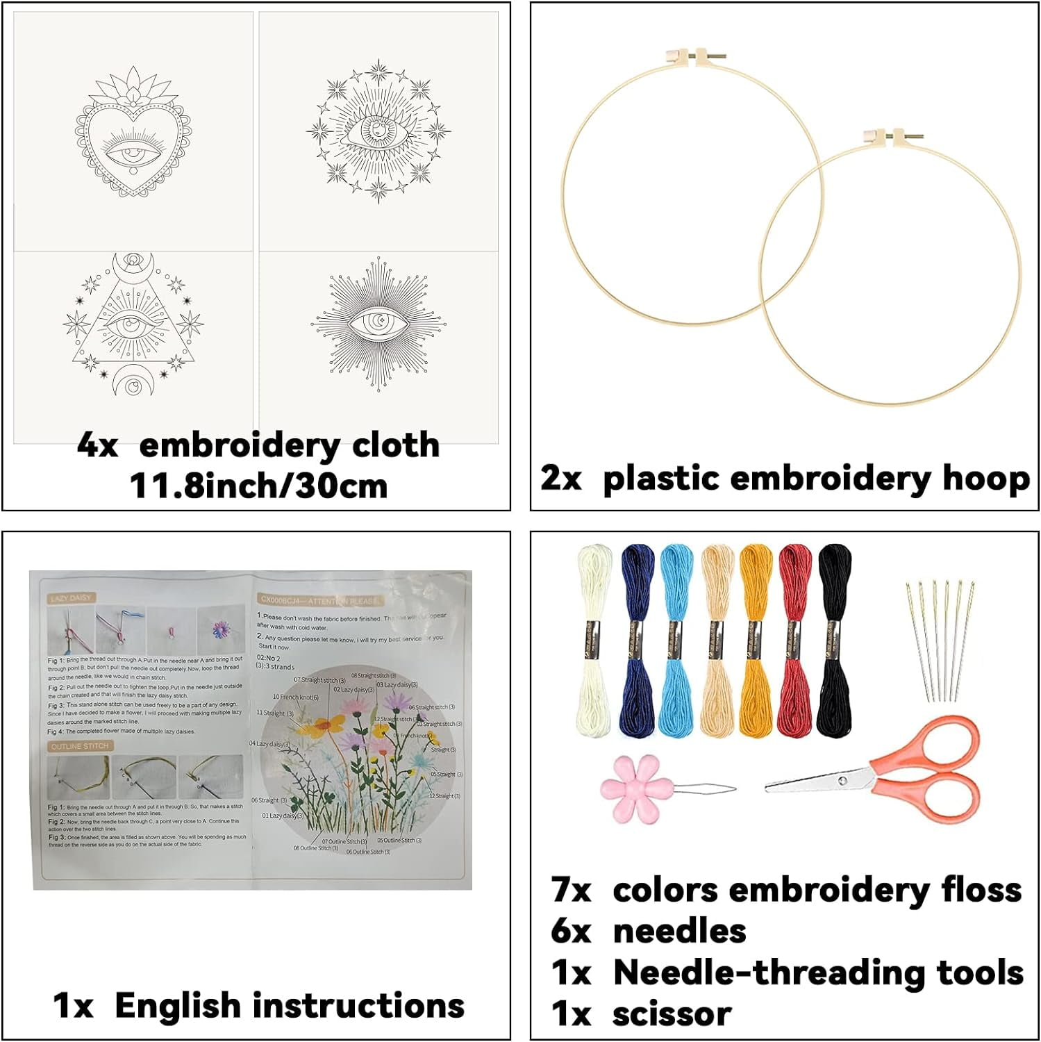 Evil Eye Embroidery Starter Kit for Beginners with Pattern and Instructions Includes Embroidery Cloth Hoops Threads and Needles