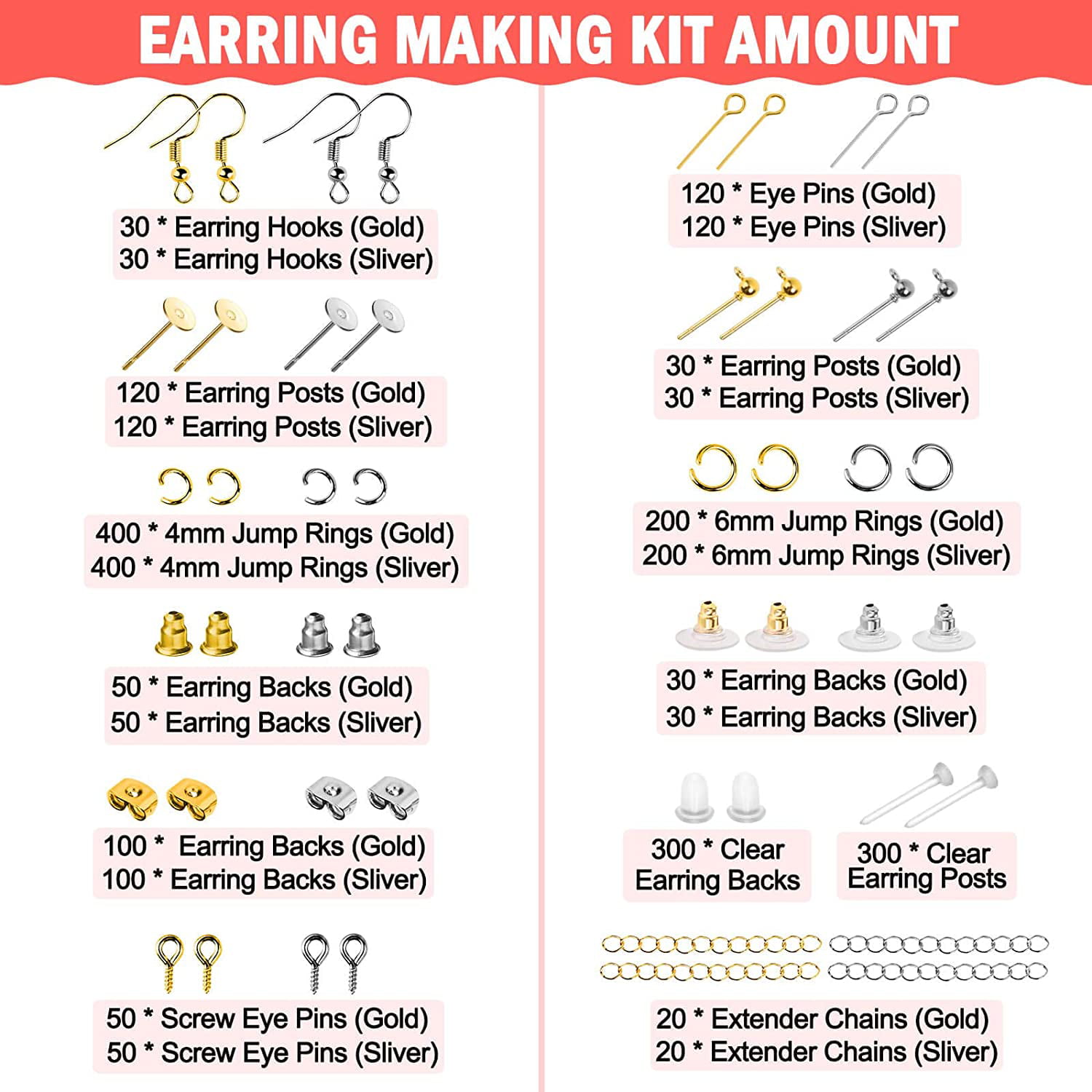 Earring Making Kit, 2290Pcs Earring Making Supplies Kit with Earring Hooks,  Earring Findings, Earring Backs, Earring Posts, Jump Rings for Jewelry