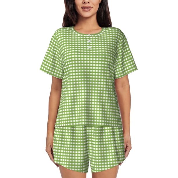 Fotbe Green Gingham Conjunto de Pijama Estampado para Mujer, 2 Piezas, Ropa de Dormir con Camiseta de Manga Corta y Shorts Suaves-Small