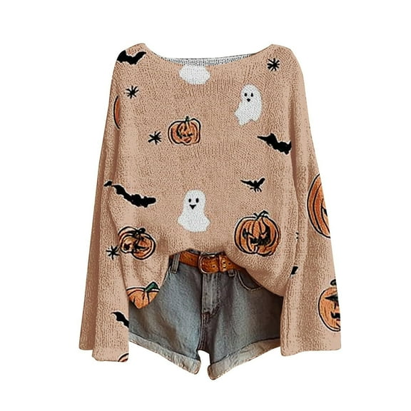 Halloween Hollow Out Knit Sweater Casual Loose Long Sleeve Pullover Comfortable Versatile Everyday Basic Top Orange L