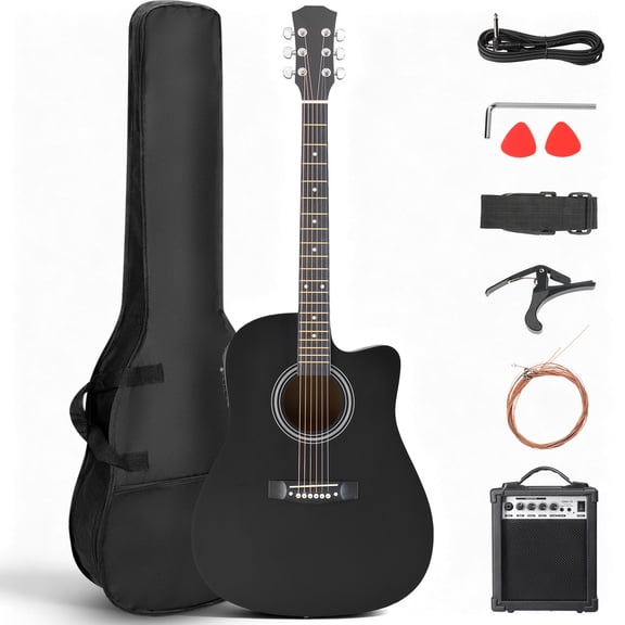 Ktaxon KMA104 41 Inch Dreadnought Cutaway Acoustic Guitar with Built-in EQ &15W Speaker, Linden Wood Folk Guitar Full Accessory Kit for Beginners, Matte Black