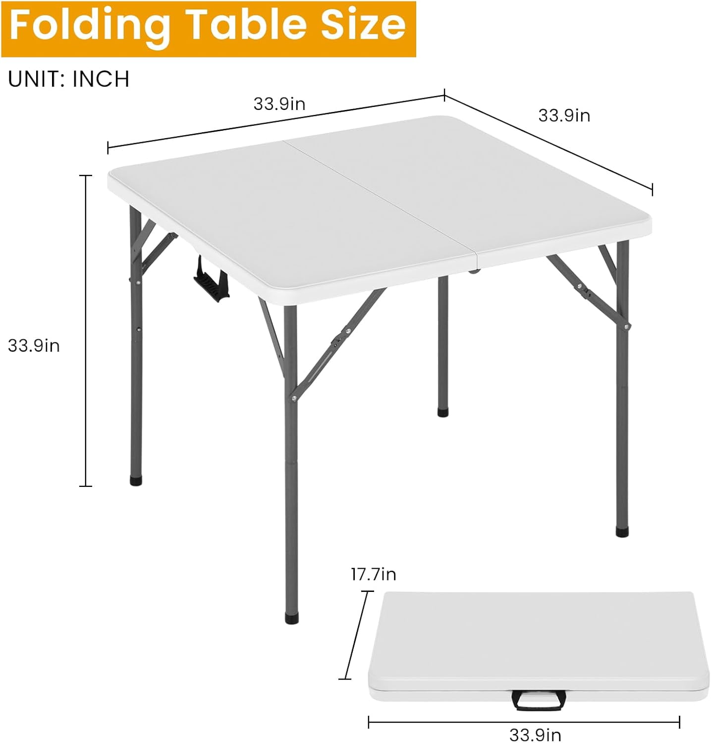 Dkelincs 34" Square Folding Card Table with Handle, Portable Plastic Foldable Table for Dining, Camping, Party, Picnic(White)