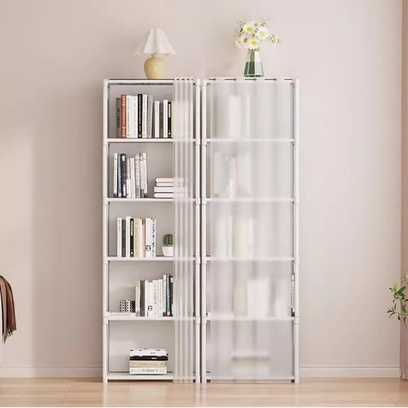 5 Tier Freestanding Bookcase with Curtain, 10 Grid Open Bookshelf Storage Organizer, Tall Display Shelf for Bedroom Living Room Office, White