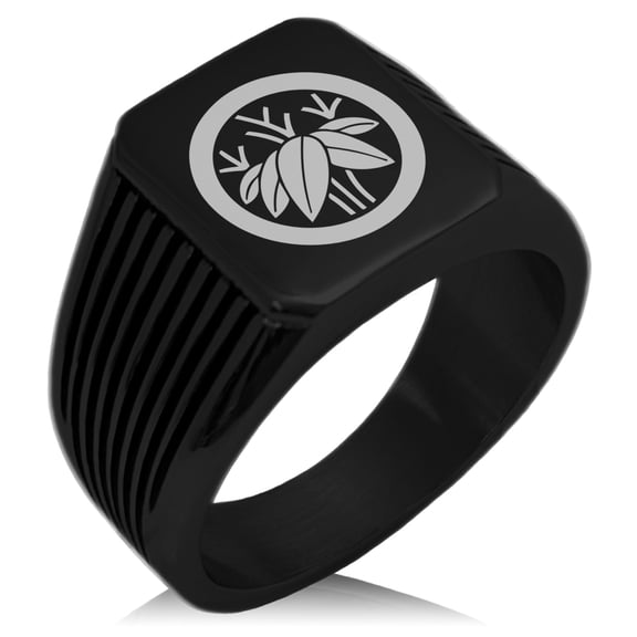 Stainless Steel Bamboo Kamon Crest Needle Stripe Pattern Biker Style Polished Ring