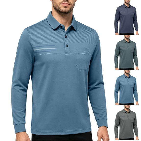 GrmtClth Polo Shirts for Men Solid Tone Striped Chest Detail Long Sleeve Lapel Collar Relaxed Fit Leisure Work Tops Blue 4XL