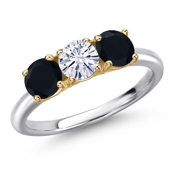 Gem Stone King 925 Silver and 10K Yellow Gold White Moissanite and Black Onyx Engagement Ring for Women | 1.45 Cttw | Round 5MM | Gemstone Birthstone | Size 5