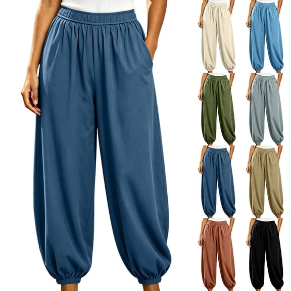 Women's Polyester High Waist Loose Jogger Pants, Breathable Cuffed Ankle Side Pocket Trousers, Relaxed Loungewear Bottoms for Travel Daily Errands | TruHer,Army Green L