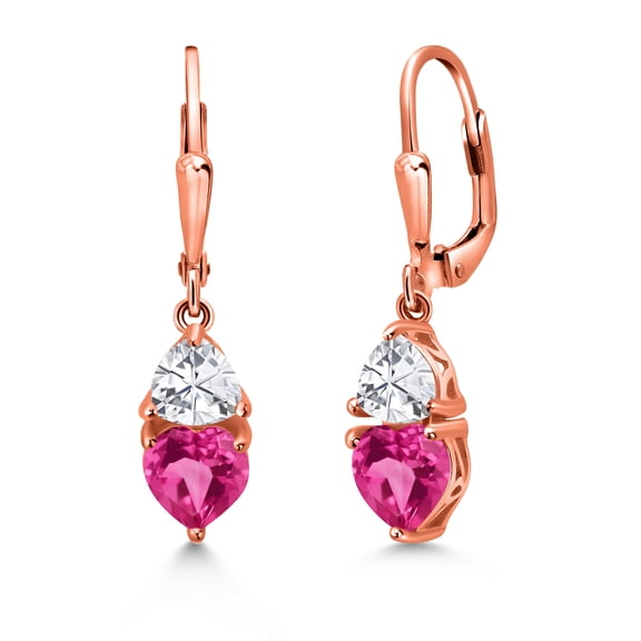 Gem Stone King 18K Rose Gold Plated Silver Pink Created Sapphire Dangle Leverback Earrings for Women (3.14 Cttw, Gemstone September Birthstone, Heart Shape 6MM, Trillion 5MM)