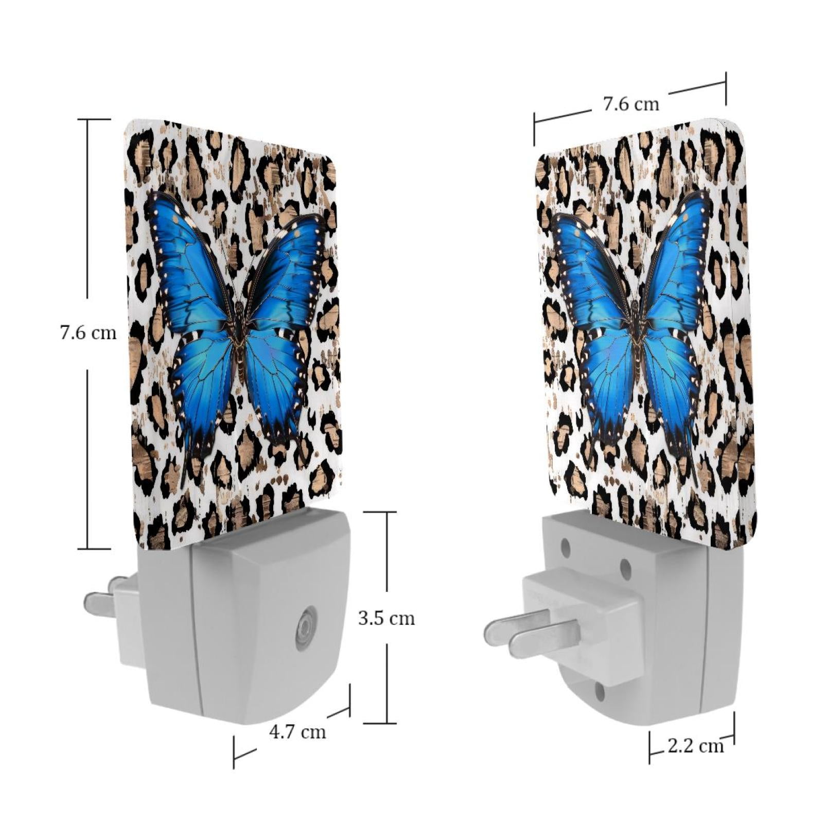 PhooArto Blue Butterfly and Leopard Print Plug in LED Night Light Auto Sensor Dusk to Dawn Decorative Night for Bedroom, Bathroom, Kitchen, Hallway, Stairs, Baby's Room, Energy Saving