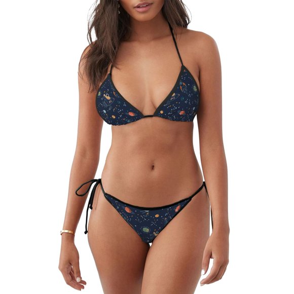 Lsque Cartoon Space Planets Pattern Women Two Piece Swimsuit Sexy Swimwear Halter String Triangle Bikini Sets