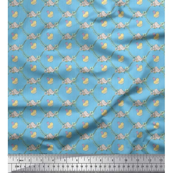Soimoi Blue Cotton Voile Fabric Leaves,Floral & Bird Stripe Fabric Prints By Yard 56 Inch Wide