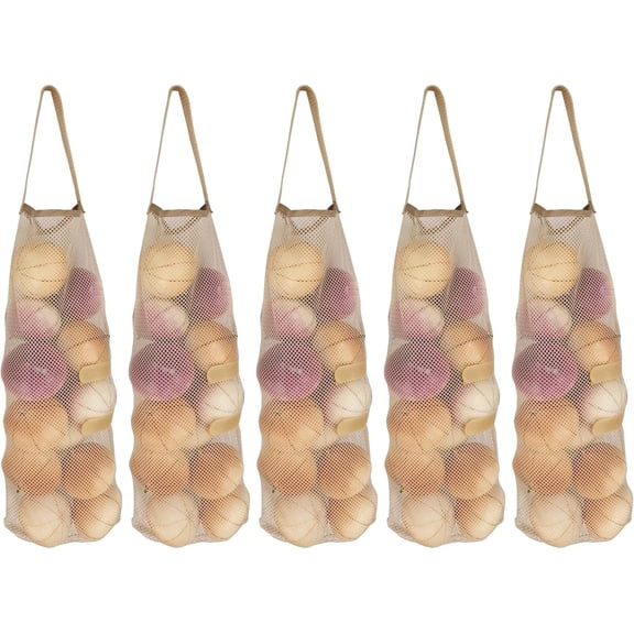 Ikerall Hanging Mesh Storage 5Pack Potato & Onion Bags(17in*7in) - Large Reusable Net Produce Bags (Beige)
