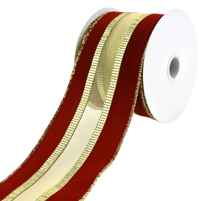 Christmas Velvet Mesh Center Wired Ribbon, 2-1/2-Inch - Dark Red/Gold 