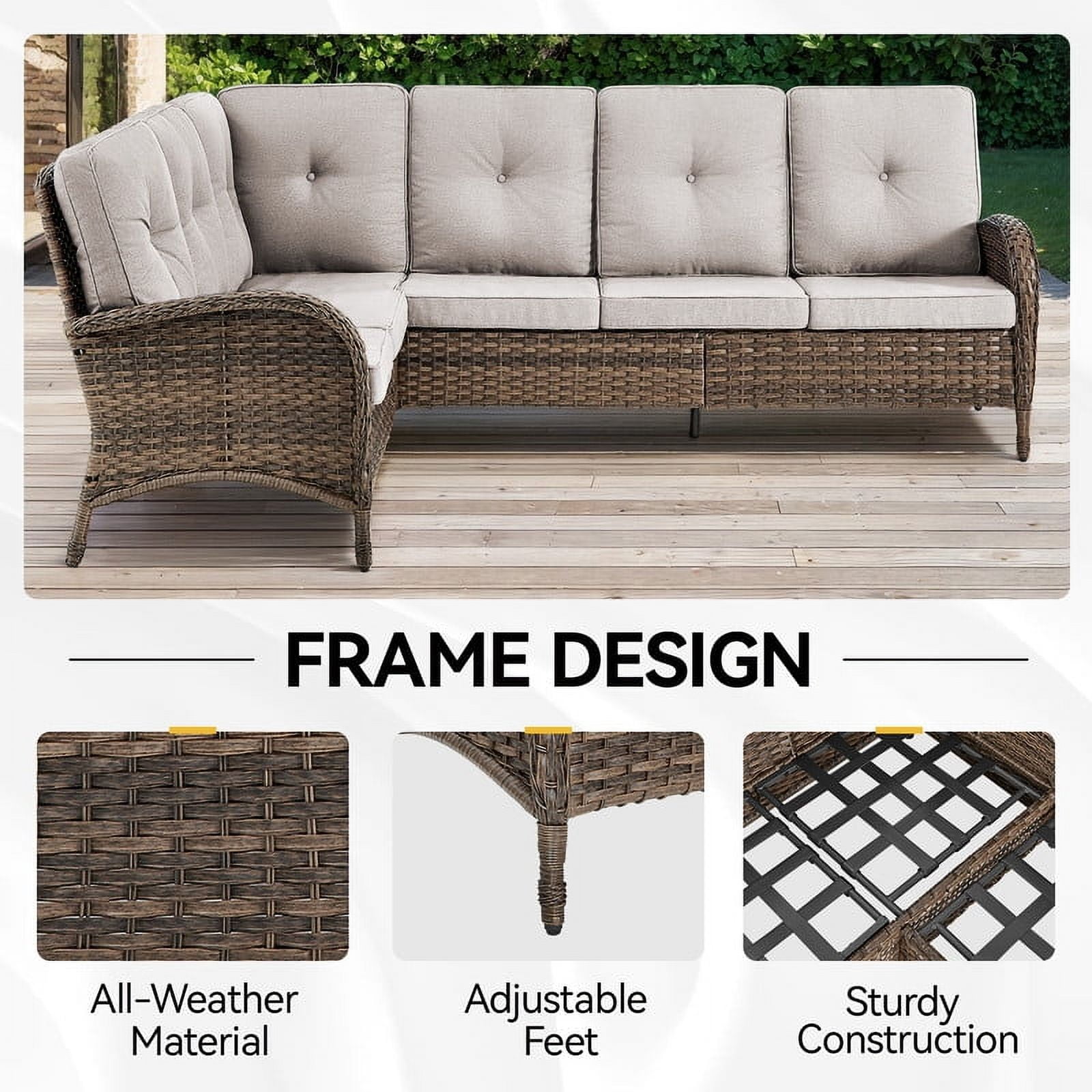 PARKWELL Outdoor Sectional Sofa Furniture Set,Patio Wicker L Shaped Couch High Back Conversation Set with Ottomans for Garden Yard,Brown Wicker Beige Cushion