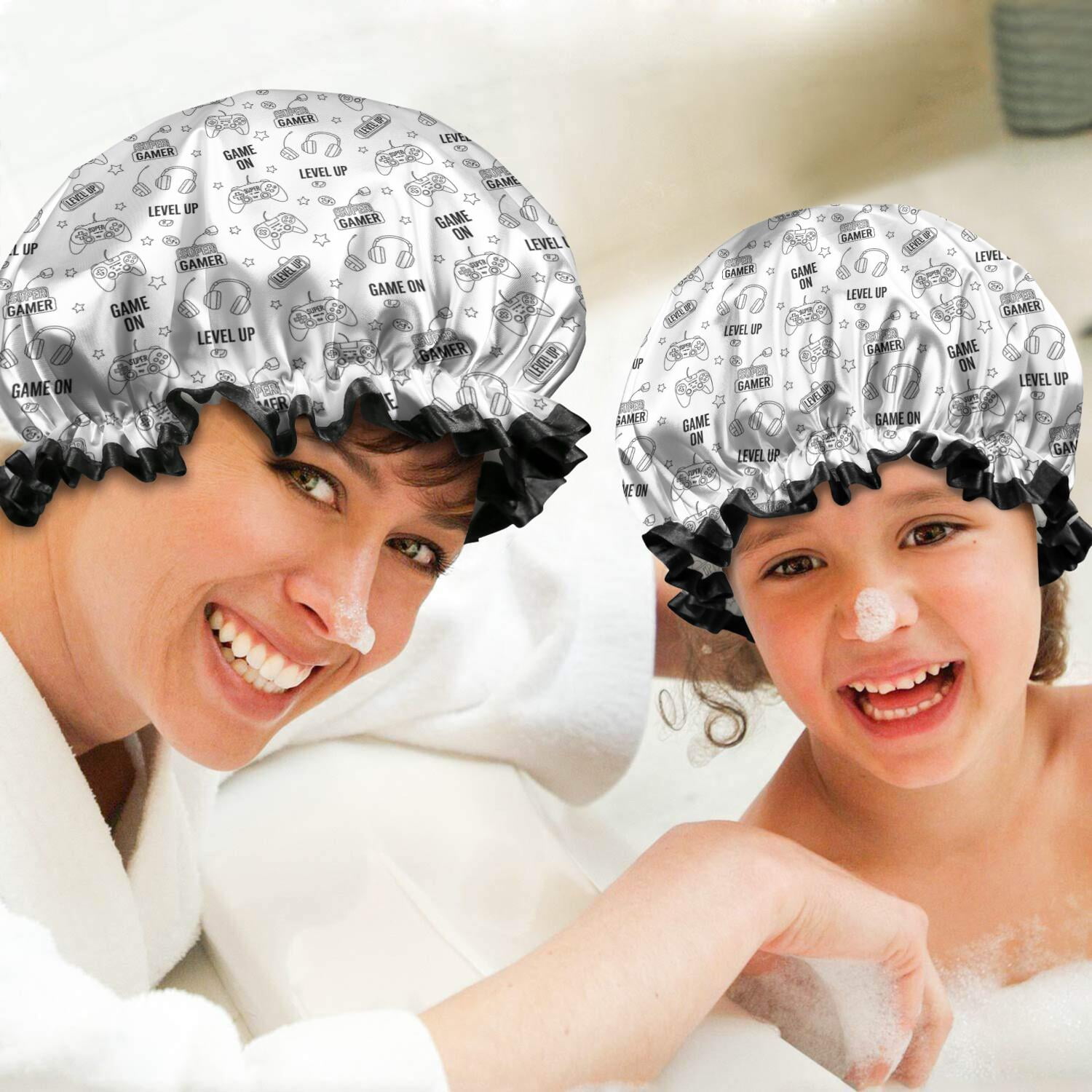 Shower Caps,Monochrome Controllers Games Icons White Pattern Waterproof Shower Cap for Women 4 Pieces,Double Reusable Hair Cover for Shower PEVA Elastic Stretch Hem