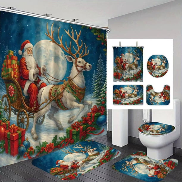 Set de decoración de baño, cortina de ducha con forma de reno de Papá Noel