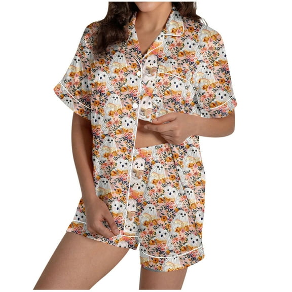 Tnhcen Women's Halloween Cute Print Pajama Set Short Sleeve Collared Button Up Shorts Sleepwear Comfortable Home Wear S-2XL Khaki