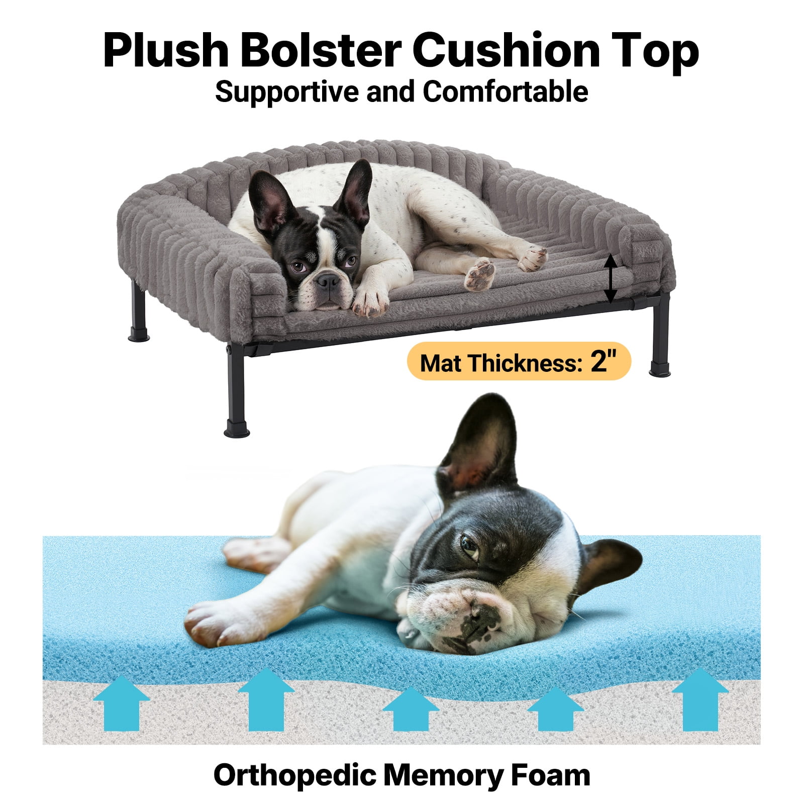 Veehoo Orthopedic Elevated Dog Bed with Bolster Cushion, Plush Dog Couch Beds, 30 x 20 Inches, Grey