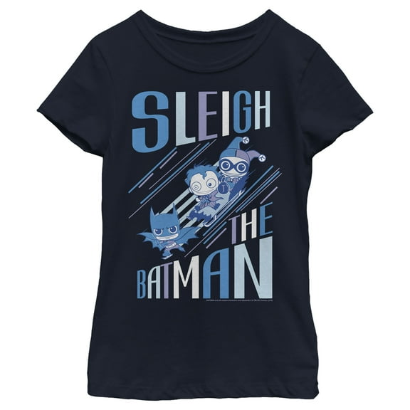 Girl's Batman Christmas Sleigh the Hero  Graphic Tee Navy Blue Small