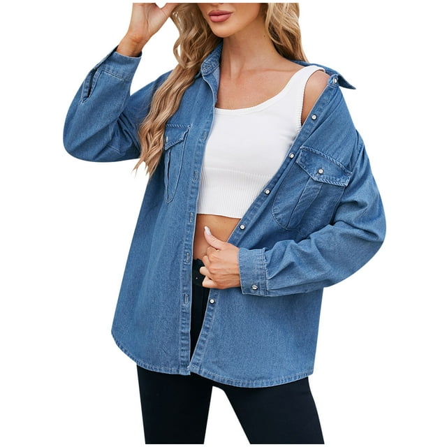 FAIWAD Women's Denim Jacket Long Sleeve Lapel Button up Basic Jean Jacket Casual Trendy Spring Outwear