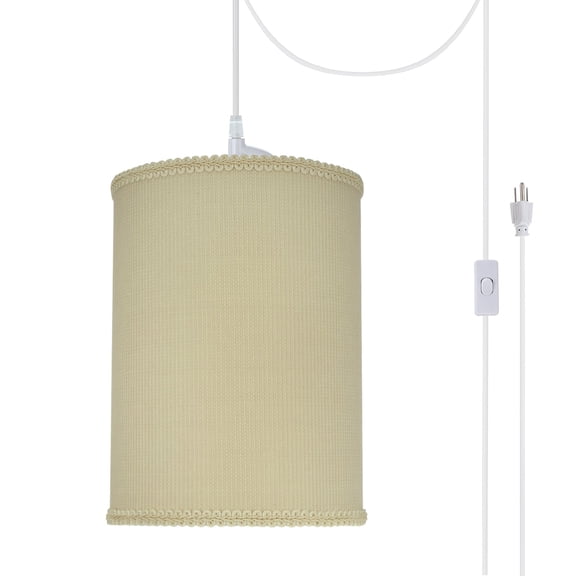 Aspen Creative 71119-21 One-Light Plug-In Swag Pendant Light Conversion Kit with Transitional Drum Fabric Lamp Shade, Yellowish Brown, 8" width
