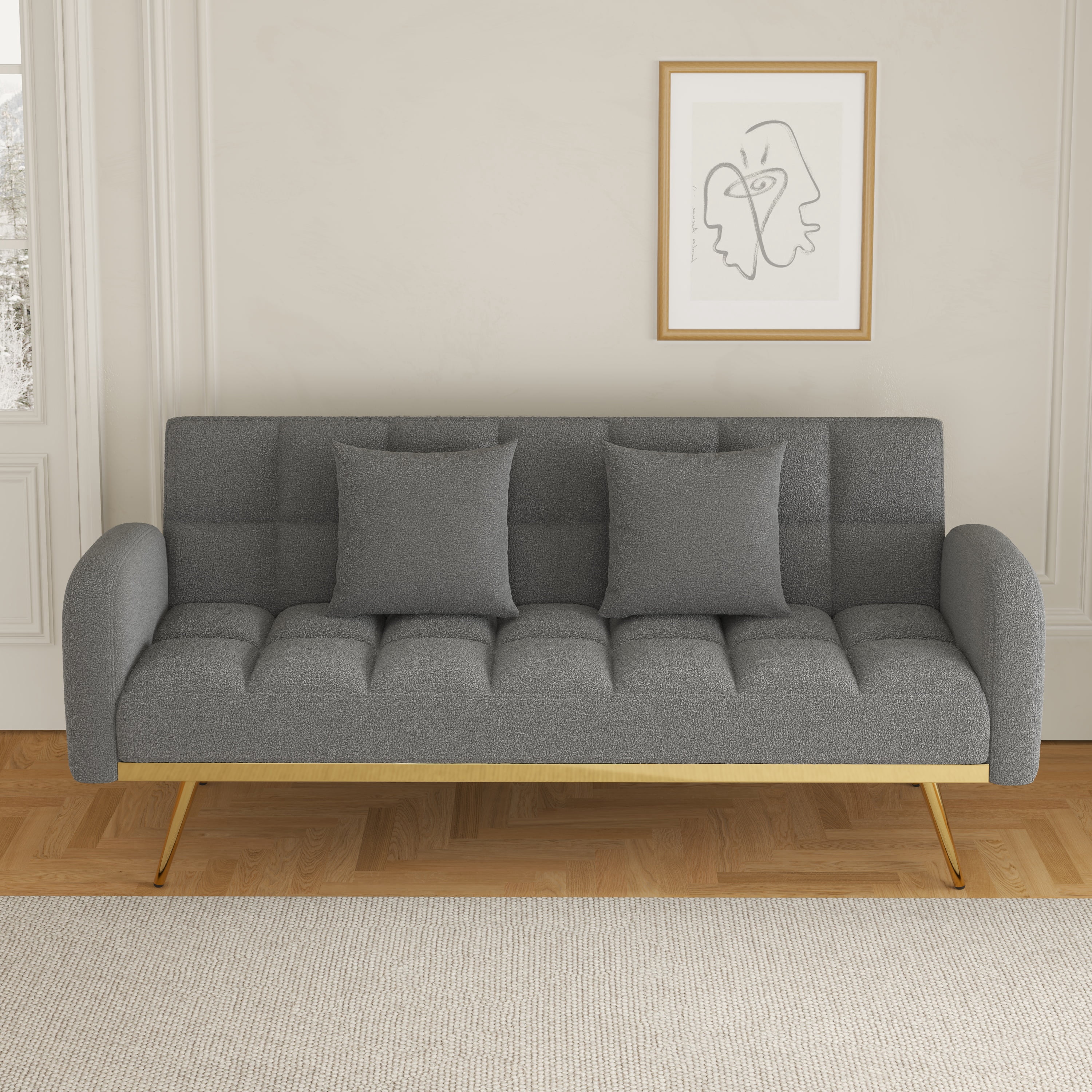 Bianlte Teddy Fleece Futon Sofa Bed Modern Wood Adjustable Reclining Couch with Pillows, Gray/Gold