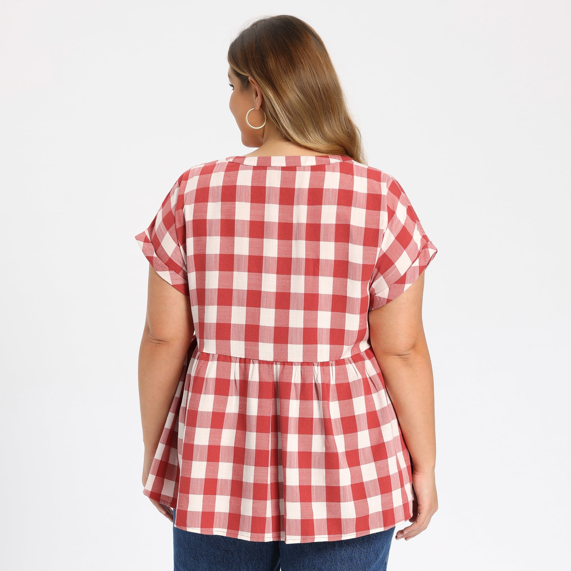DARING DIVA Women's Plus Gingham Notch V Neck Blouse Babydoll Peplum Top 3X Red