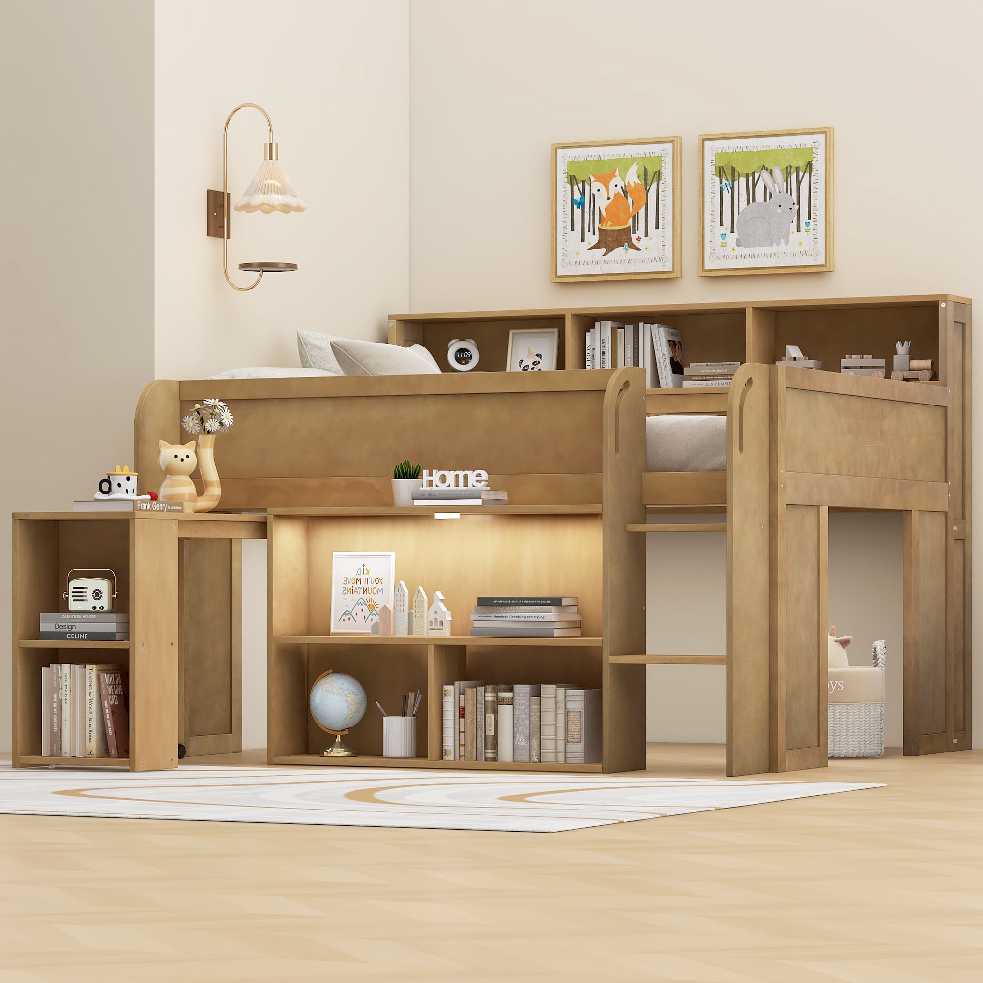 Euroco Wood Full Size Loft Bed with Storage Shelves Desk and LED Light, Walnut