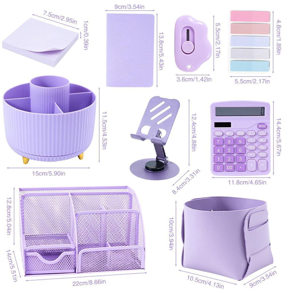 Purple Desk Organizers And Accessories With Organizer 360° Rotating Pen Holder Office Supplies  Cute Stationery Set