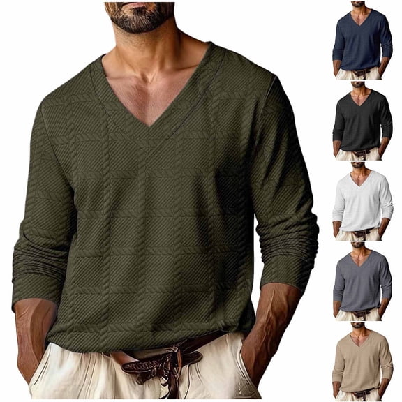 Horkkom Mens Long Sleeve Tee Shirts Solid Color V Neck T Shirt Casual Loose Workout Athletic Shirts L