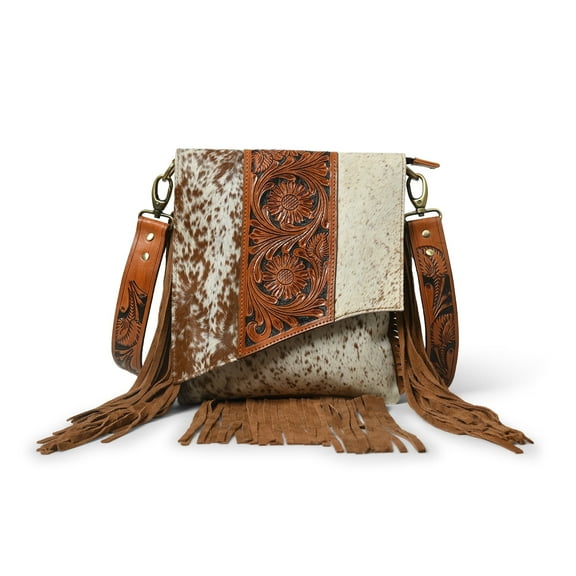 ADYANN Women's Western Handcrafted Hair On Leather Shoulder Body Purses for Women Floral Hand Tooled Cross Body Bag Suede Fringes, Adjustable & Detachable Strap