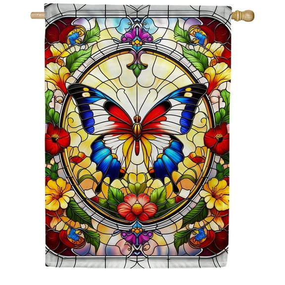America Forever Stained Glass Butterfly House Flag, 28 x 40 inch Double Sided, Spring Summer Floral Decorative Seasonal Outdoor Decor, Holiday Outside Decorations Yard Flag