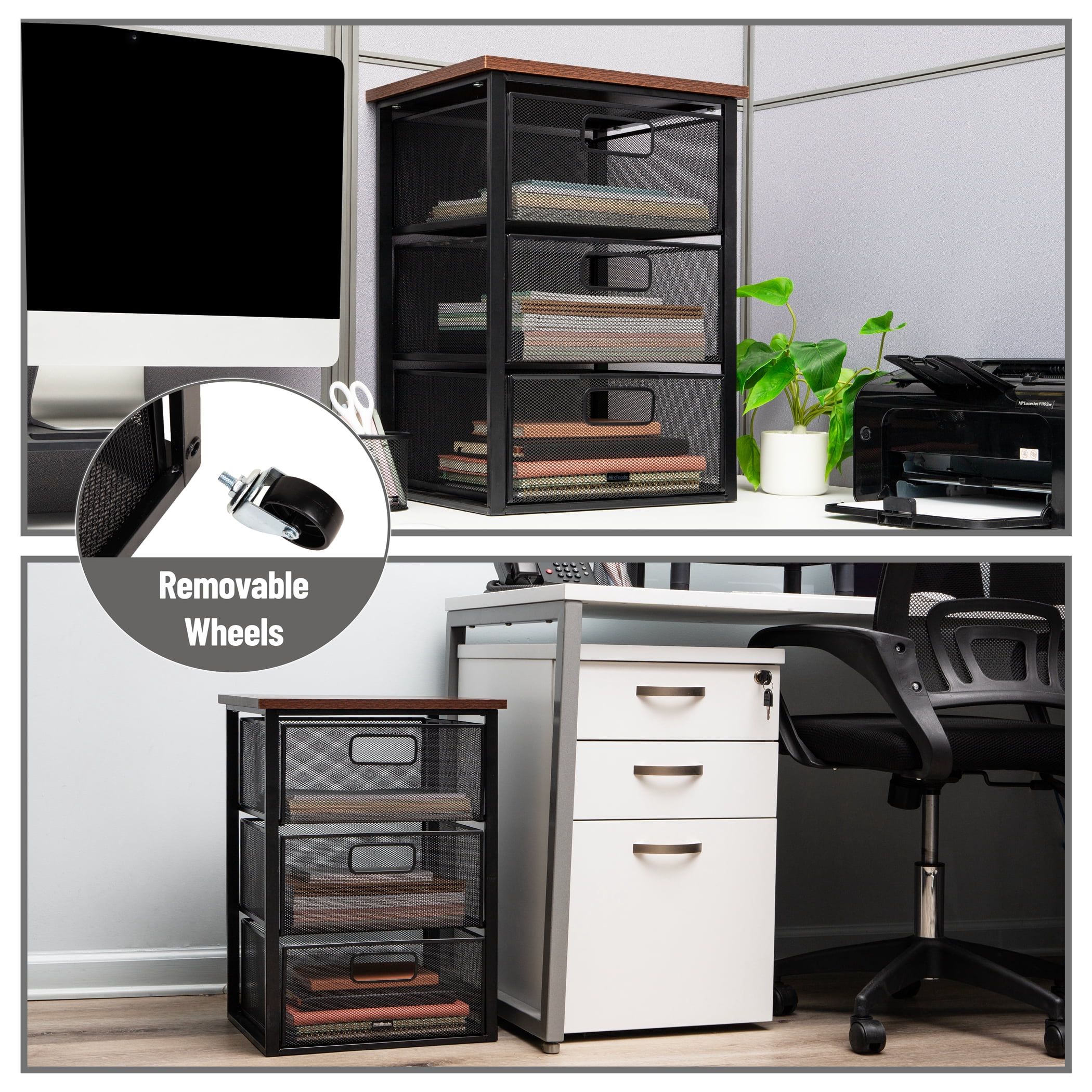 Mind Reader 3-Drawer Rolling Storage Cart, Office Organizer with Wood Top, Multipurpose Portable Cabinet with Wheels, Metal, Black