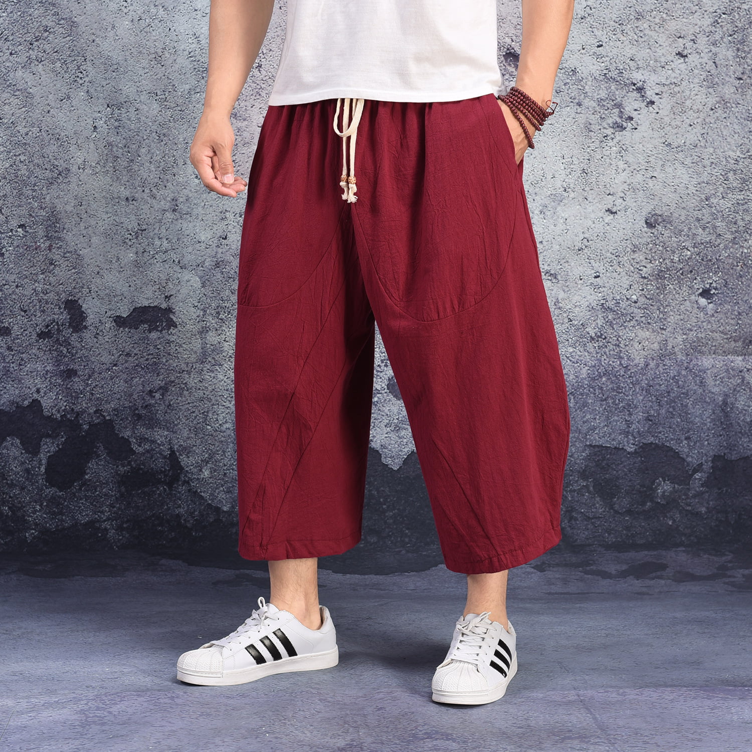 Hurrg Men Elastic Waist Chinese Style Drawstring Linen Harem Long Pants