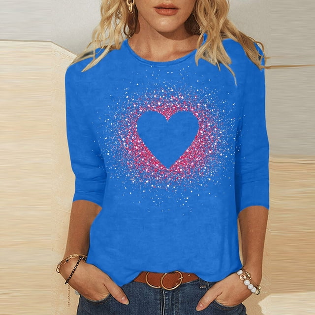 Meichang Chemises pour Femmes Joyeuse Saint-Valentin Hauts Amusants T-Shirts Graphiques de la Saint-Valentin T-Shirts de Vacances Hauts de la Saint-Valentin Manches 3/4 Col Rond Blouses