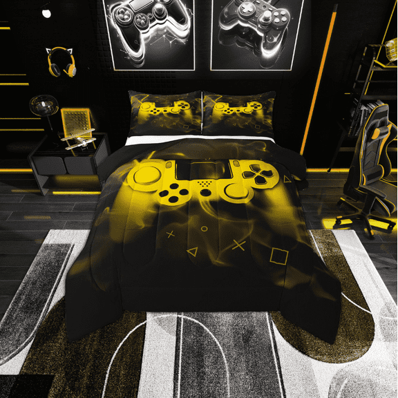 Erosebridal Teenage Gamer Bedding Twin Comforter Set, Gaming Video Game Down Comforter, Yellow Gamepad Room Decor, Reversible 2-Piece