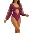 thumbnail image 4 of Bikini de una pieza con escote en V, mangas largas, malla y control de abdomen, color púrpura oscuro, talla mediana, 4 of 5