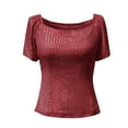 thumbnail image 3 of JGNGSHN Women's Sequin Puff Sleeve Square Neck Top Sparkly Short Sleeve Party Blouse for Evening, Club, or Holiday Outfits Wine S, 3 of 4