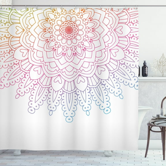 Rainbow Mandala Shower Curtain, Outline Style Colorful Eastern Folklore Ombre Design Abstract Illustration, Fabric Bathroom Set with Hooks, 69W X 75L Inches Long, Multicolor, by Ambesonne