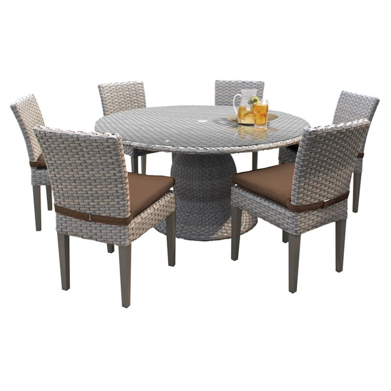 Oasis 60" Round Glass Top Patio Dining Table with 6 Chairs in Cocoa