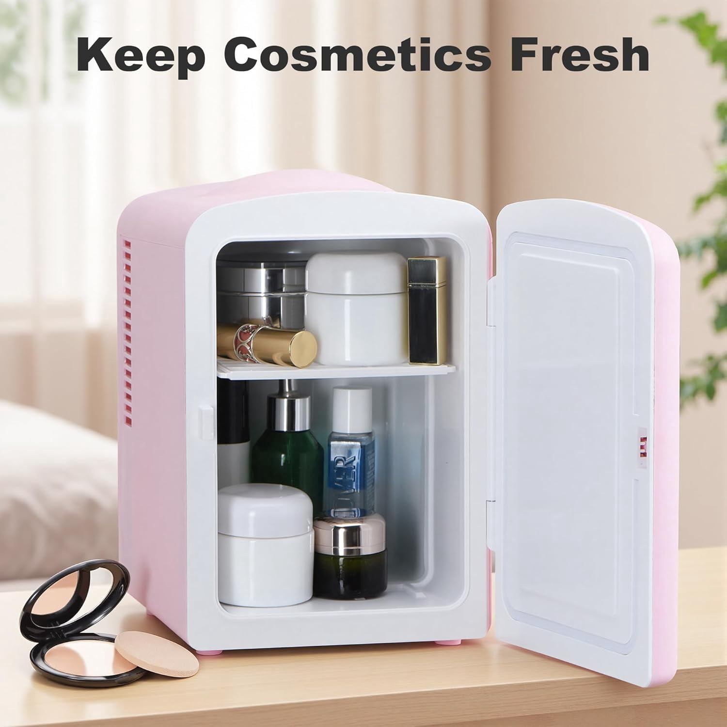Fridge, Retro 4 Liter /6 Cans  Skincare Fridge, AC Plug & 12V Car Charger  Makeup Fridge, Compact & Portable 4A Cooling Tiny Fridge for Bedroom, Car, Office, Dorm, Gift - Pink