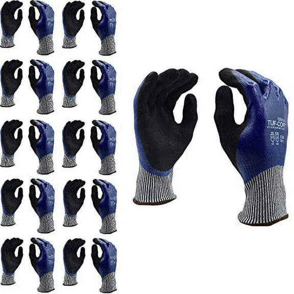 10-Pack of Cordova 3726XXL Tuf-Cor 13-Gauge HPPE/Glass Fiber Shell Work Gloves, Blue Nitrile Full Coating, Black Sandy Nitrile Palm Coating, ANSI Cut Level A4, 2X-Large