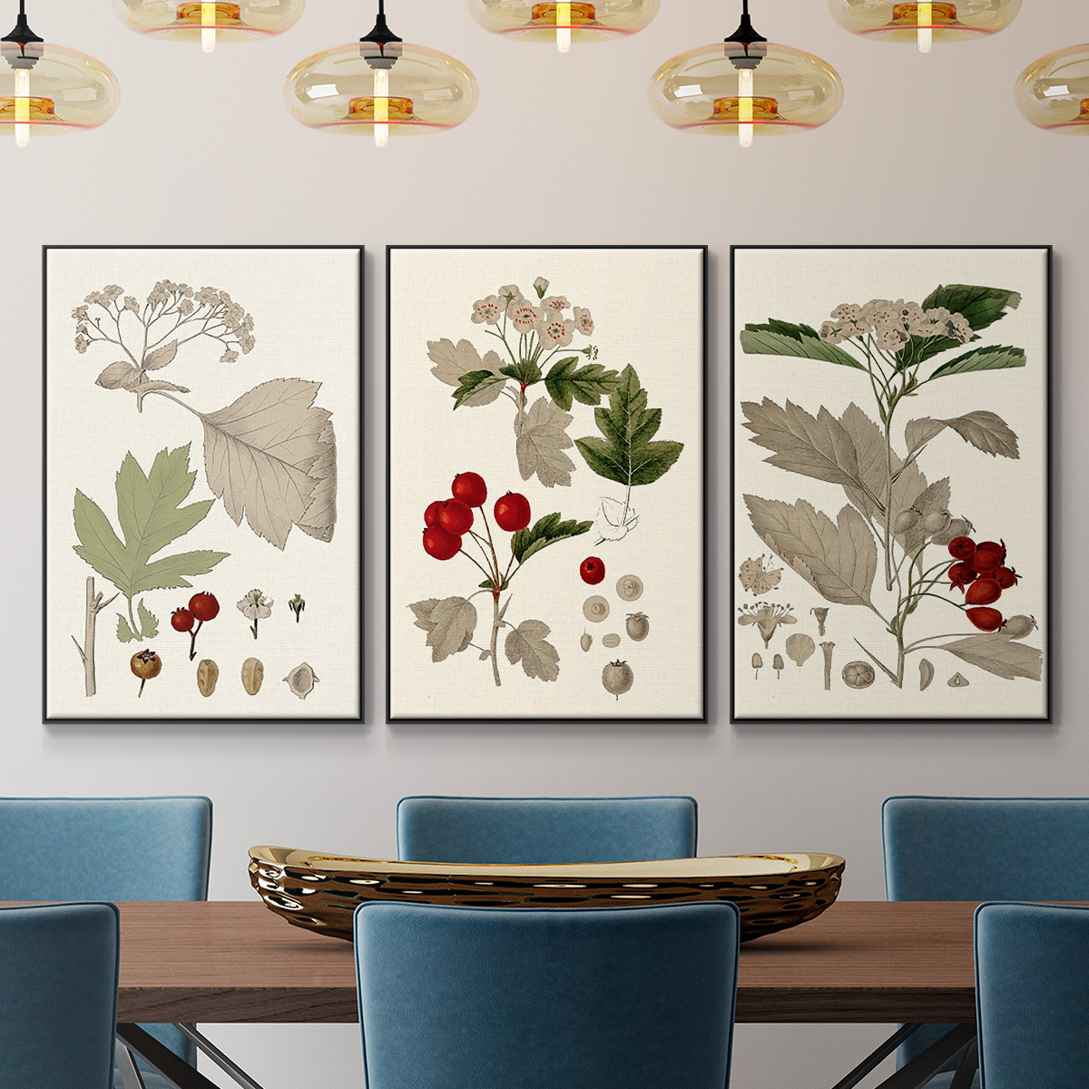 Leaves & Berries I - Framed Premium Gallery Wrapped Canvas L Frame 3 Piece Set - Ready to Hang