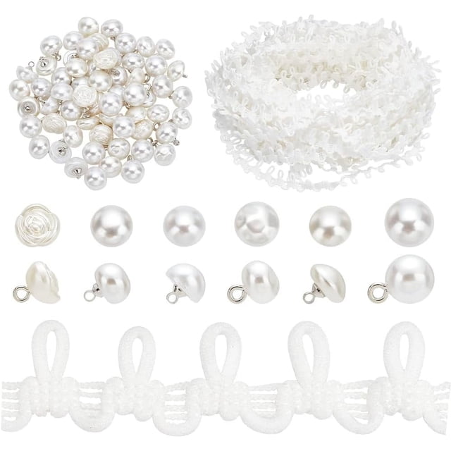20 yardas de presillas para botones de vestido de novia blanco, adorno de trenza pequeña, flecos de borla, adorno de encaje con 60 botones de perla, extensor de cremallera para coser vestidos