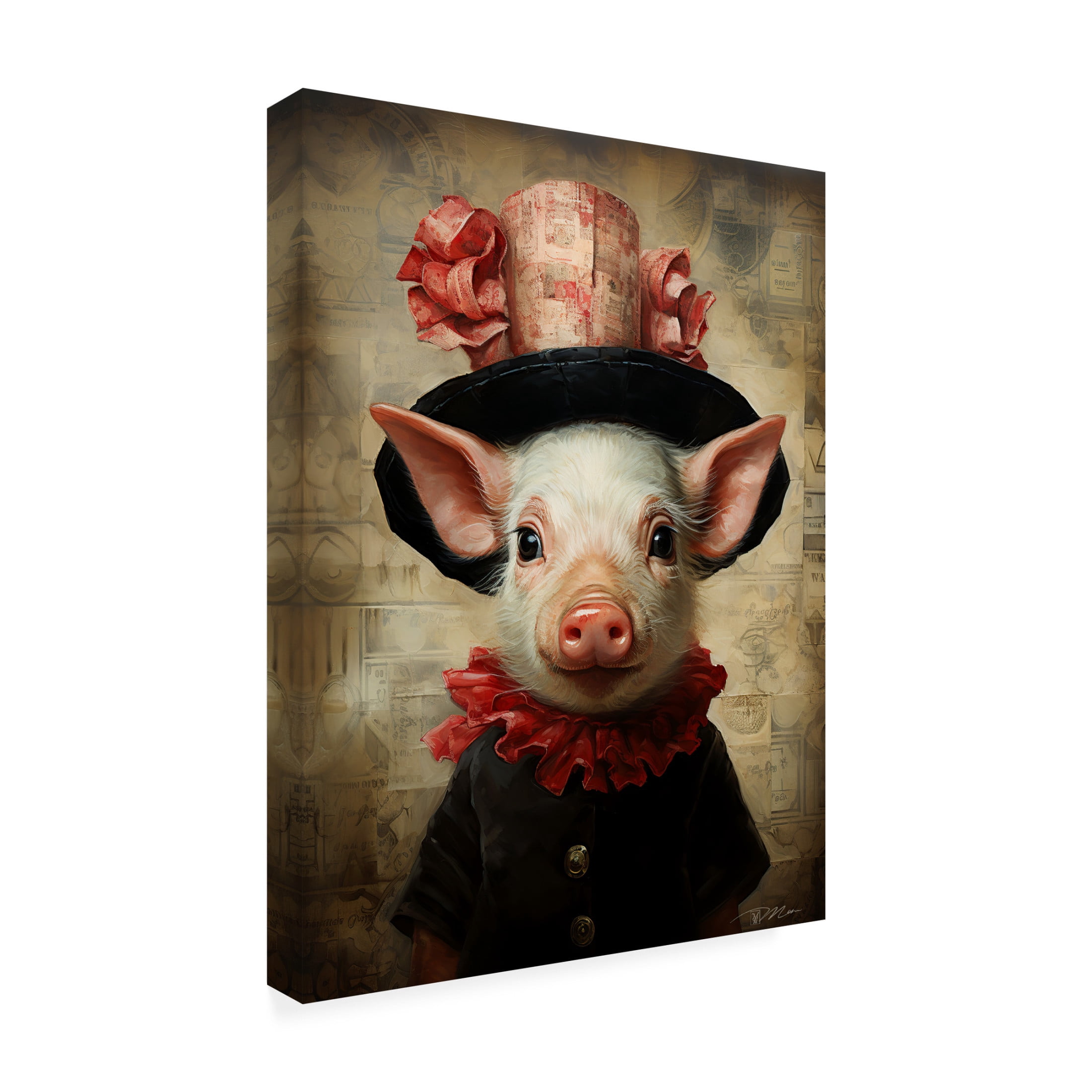 Canvas Wall Art - Momart 'Cute Pig With A Red Hat Baroque Style 2' Wall Art for Living Room, Bedroom, or Office Décor by Trademark Fine Art - 24 x 32 Inches