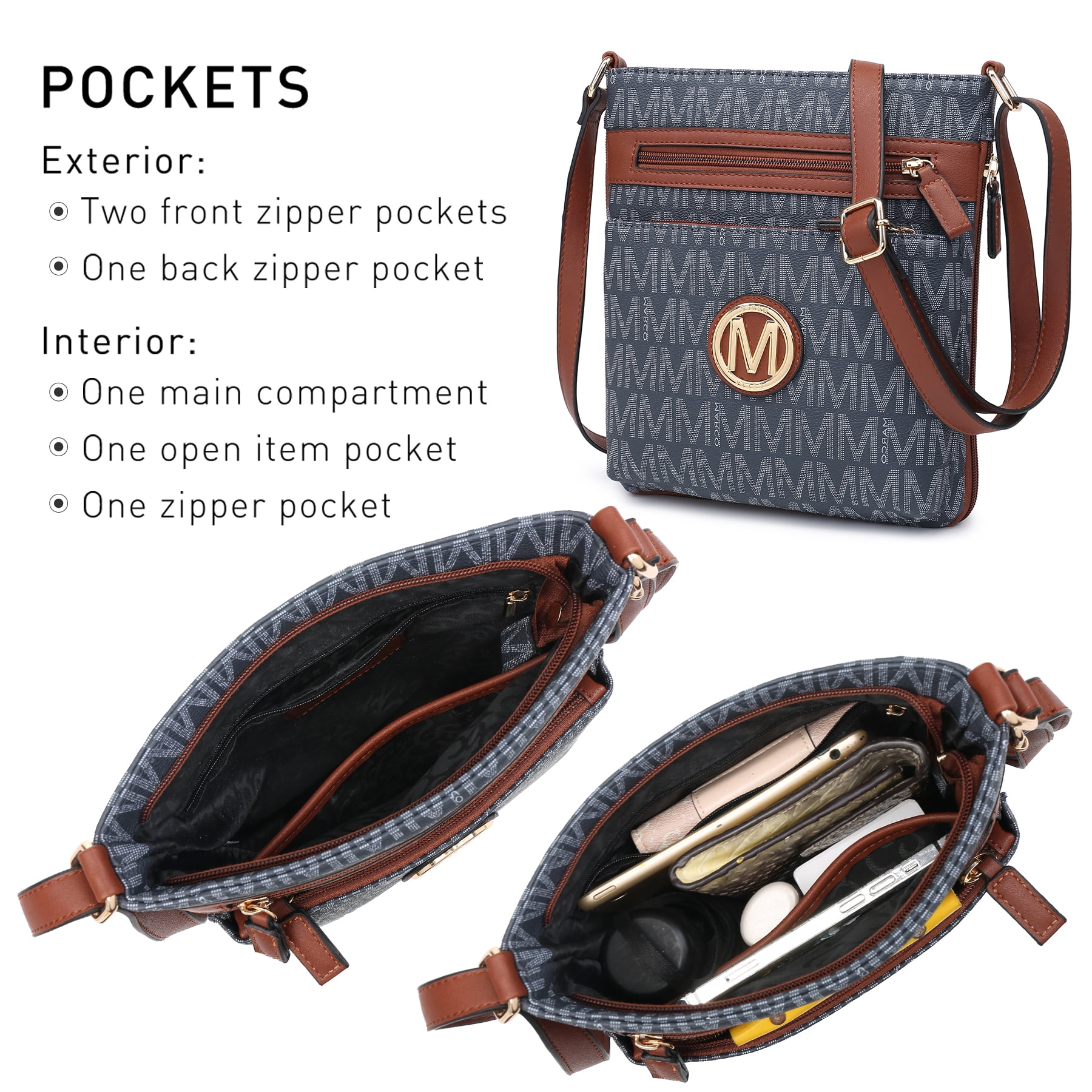 MKP COLLECTION Crossbody Bags Purses for Women Trendy Multi Pockets Monogram Zip Shoulder Bags Ladies PU Leather Handbag