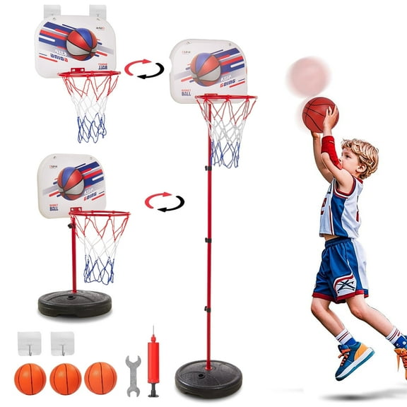 Anpro Kids Basketball Hoop with Stand, Adjustable Height 1.9FT-4.9FT, Toddler Basketball Hoop, Indoor Outdoor Mini Portable Basketball Goal Toys for Boys Girls Gift