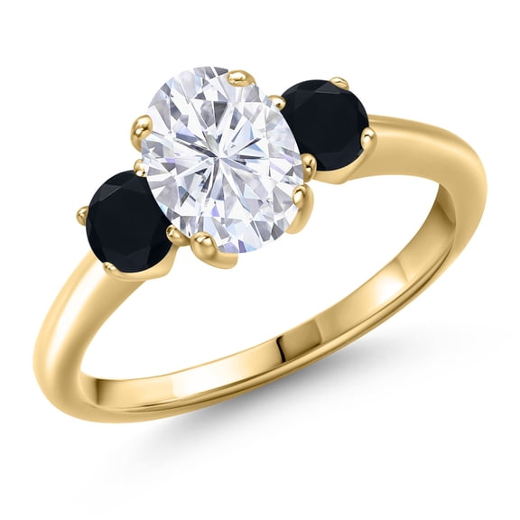 Gem Stone King 10K Yellow Gold White Moissanite and Black Onyx Engagement Ring for Women | 1.94 Cttw | Oval 8X6MM | Gemstone Birthstone | Size 7